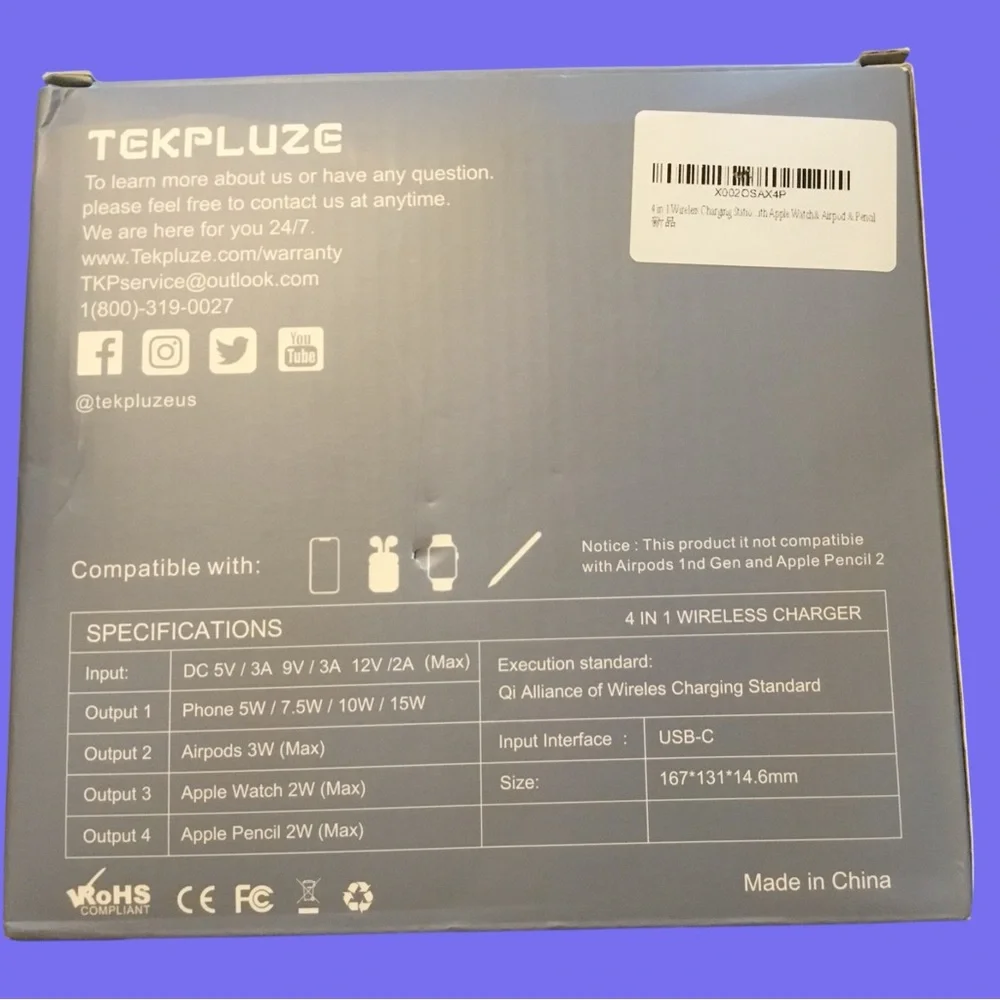 TEKPLUZE 4-in-1 Wireless Charger in Black. NEW